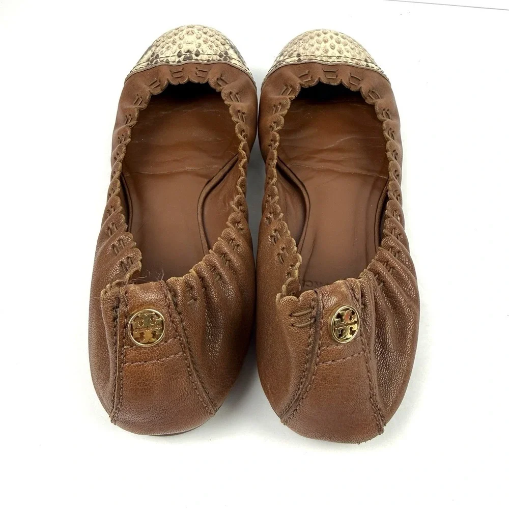 Tory Burch Abbey Flats 6.5 Brown Snakeskin Cap Toe Leather Slip On Gold Logo